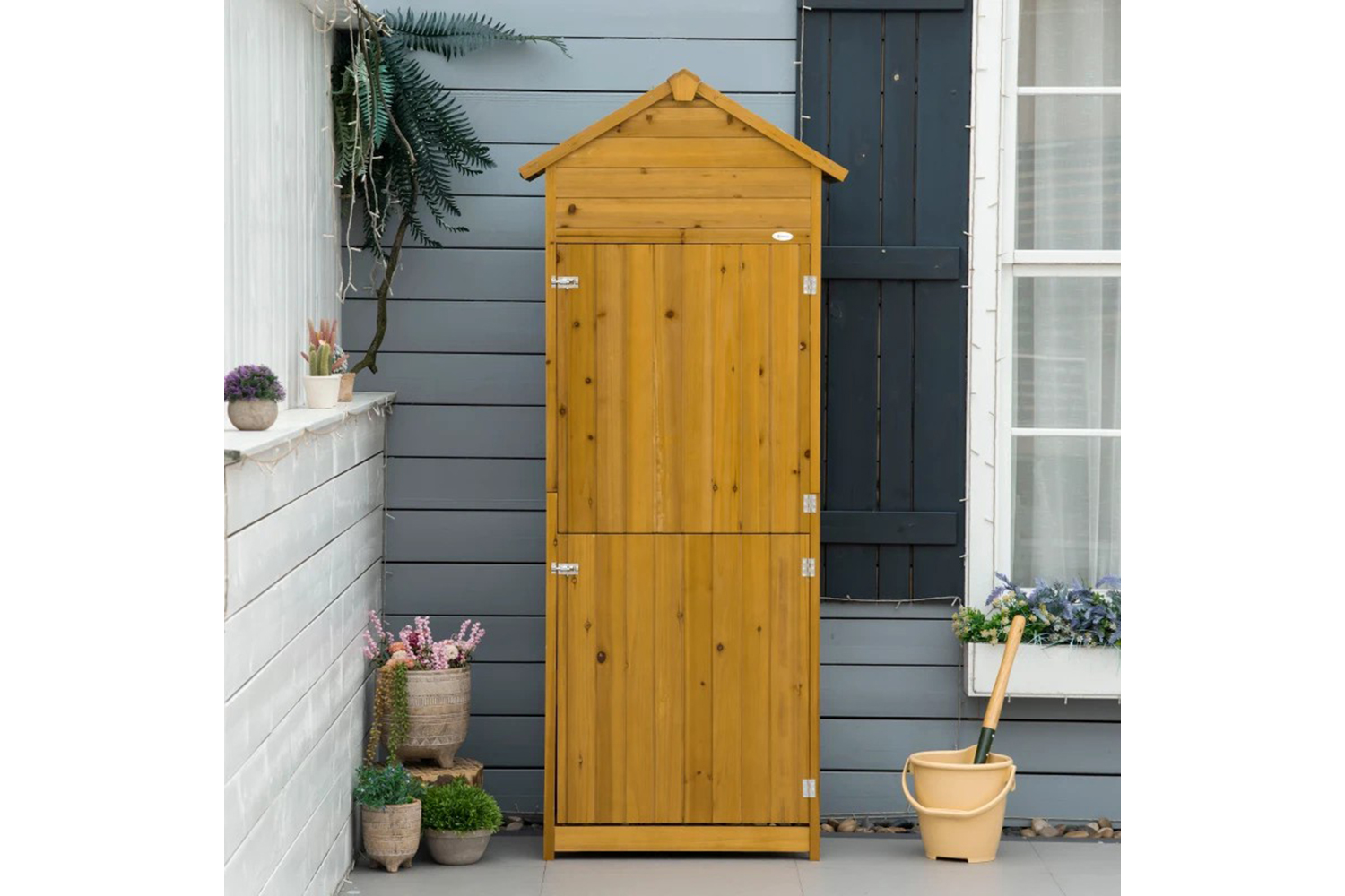 Outsunny Wooden Garden Storage Cabinet with 3 Shelves and 2 Door | Natural Wood