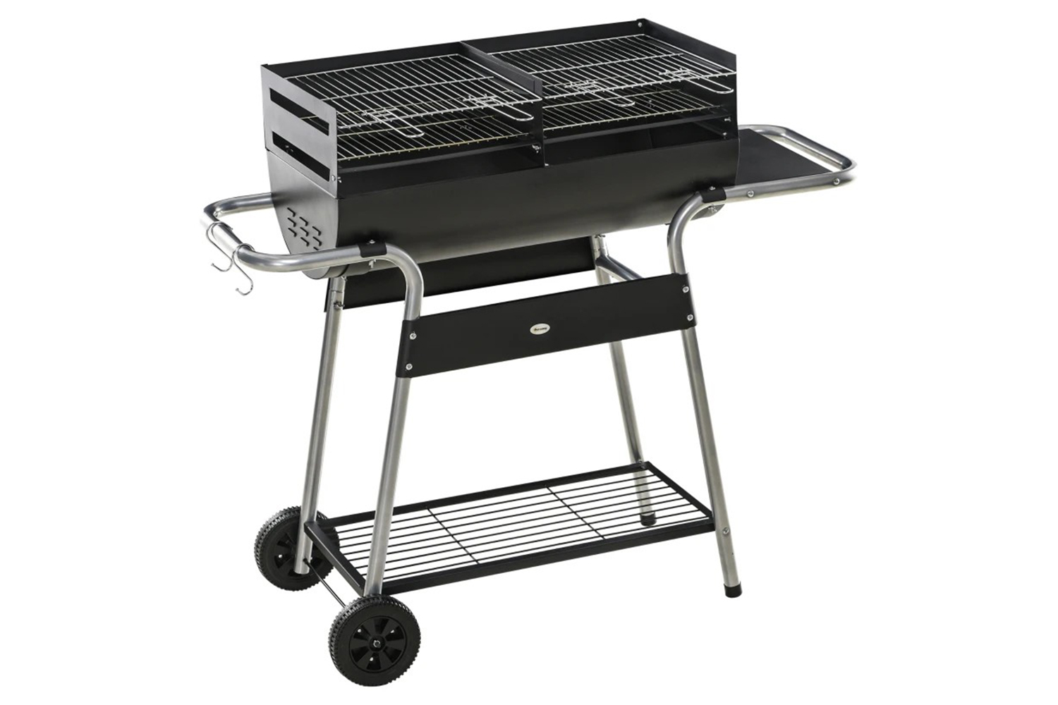 Outsunny Charcoal BBQ Double Grill Trolley with Side Table | Black