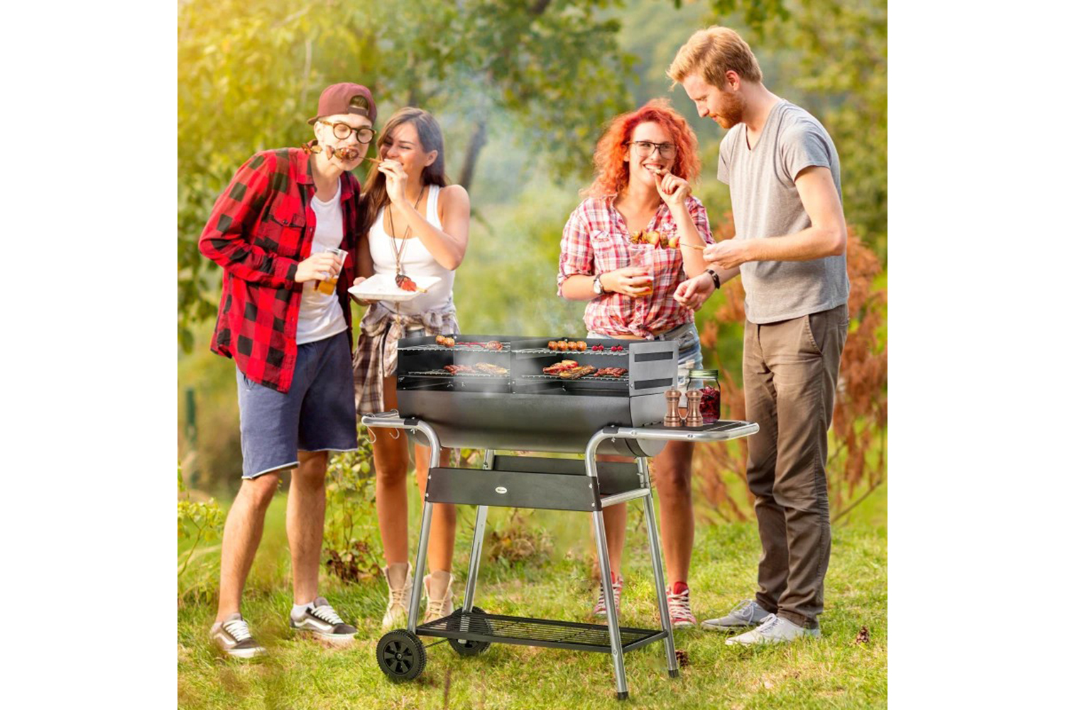 Outsunny Charcoal BBQ Double Grill Trolley with Side Table | Black