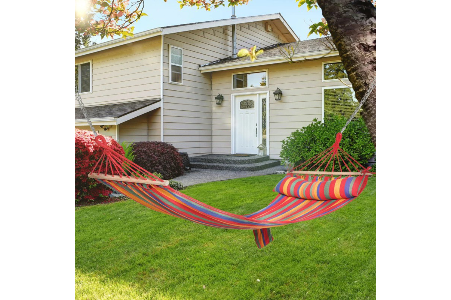 Outsunny Soft Cotton Portable Swing Hammock Chair with Headrest & Side Pocket | Rainbow