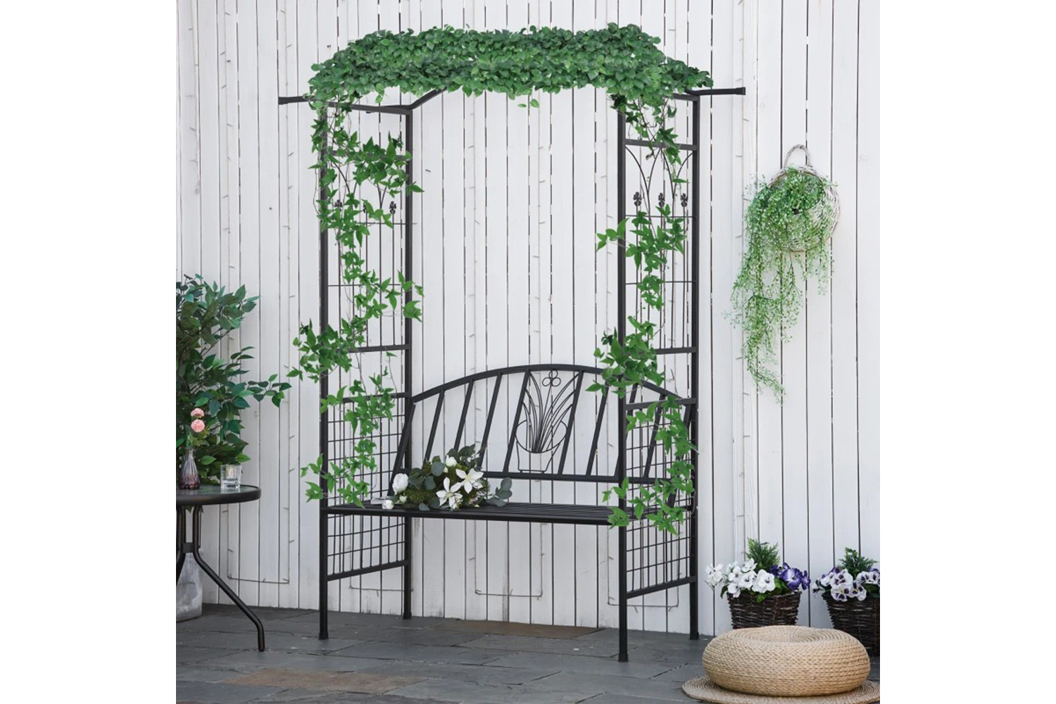 Outsunny Steel Frame Outdoor Garden Arch with 2 Seater Bench | Matte Black