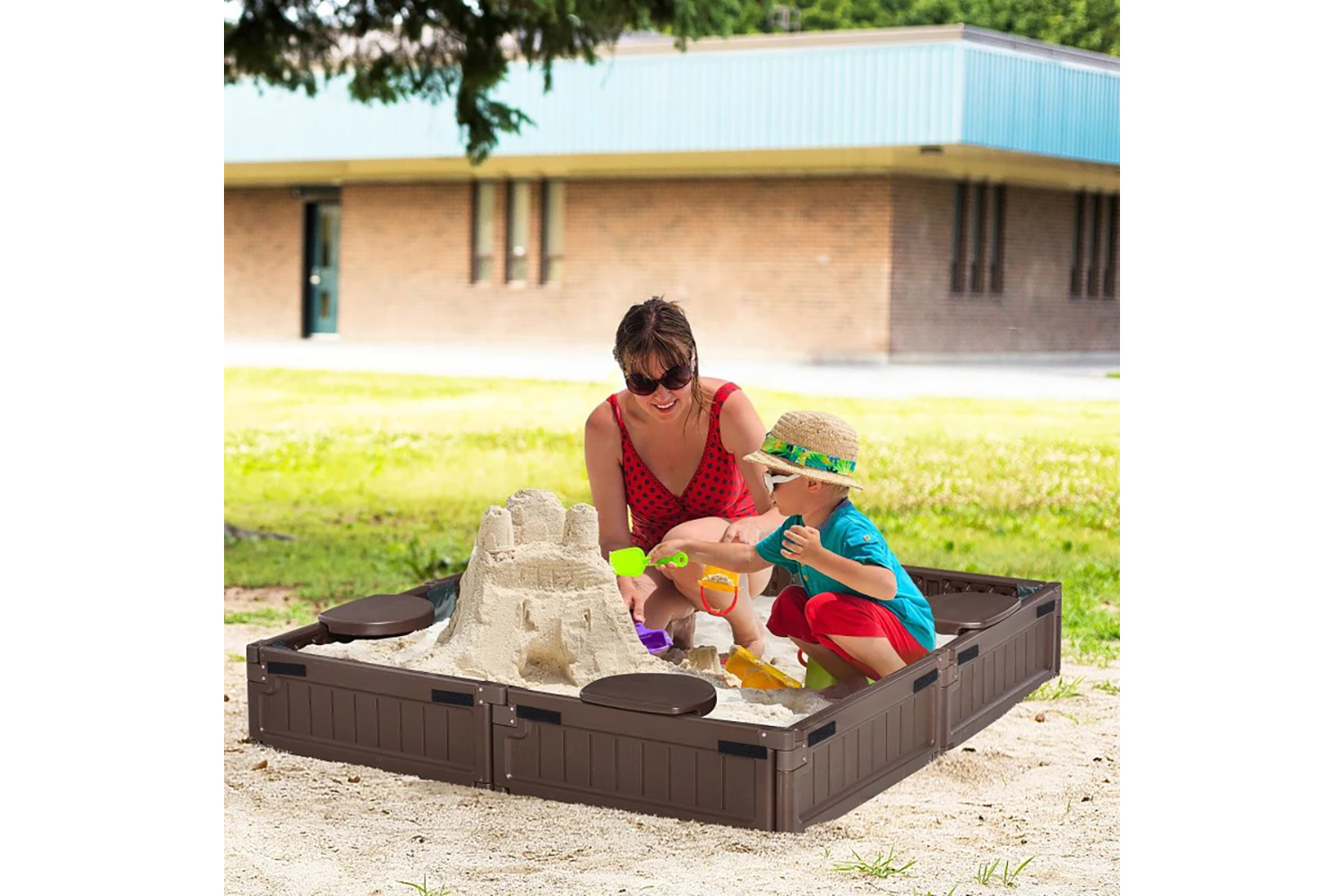 Outsunny Kids Outdoor Sandbox with Canopy Bottom Fabric Liner | Brown