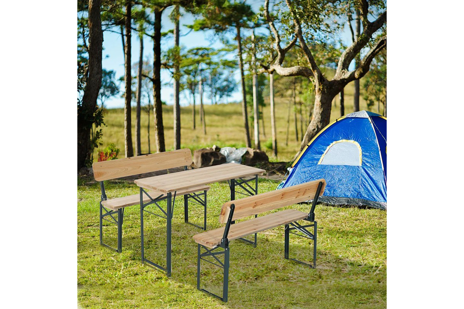 Outsunny Fold-Out Table & Benches with Backrest Wooden Bistro Set | Natural Wood | 3 pieces