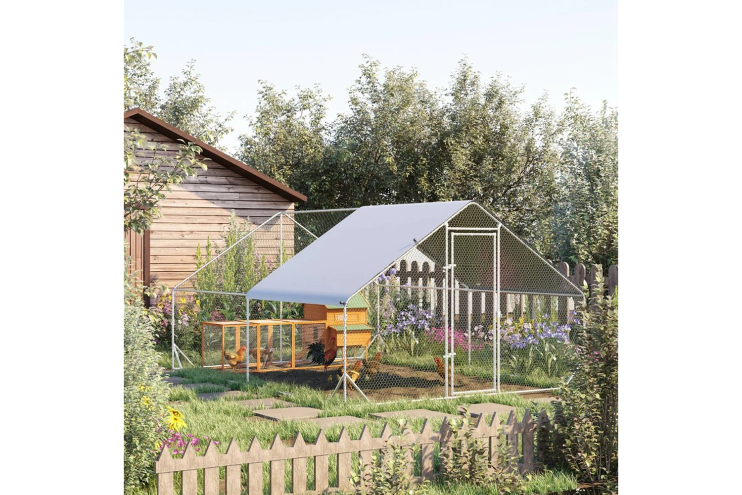 PawHut Walk In Chicken Coop with Run Hen House | Silver/White