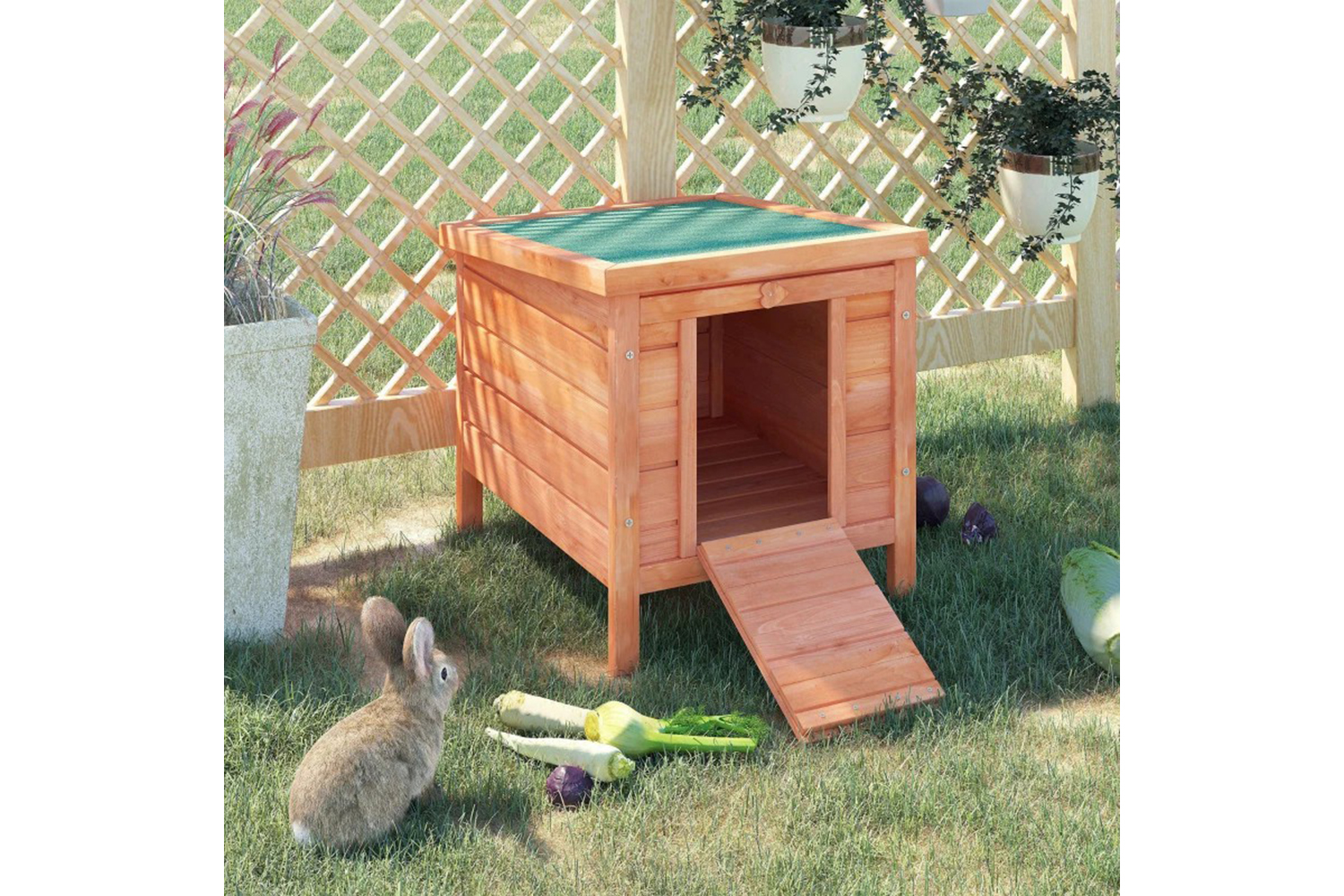 PawHut Wooden Rabbit Hutch | Natural Wood/Green