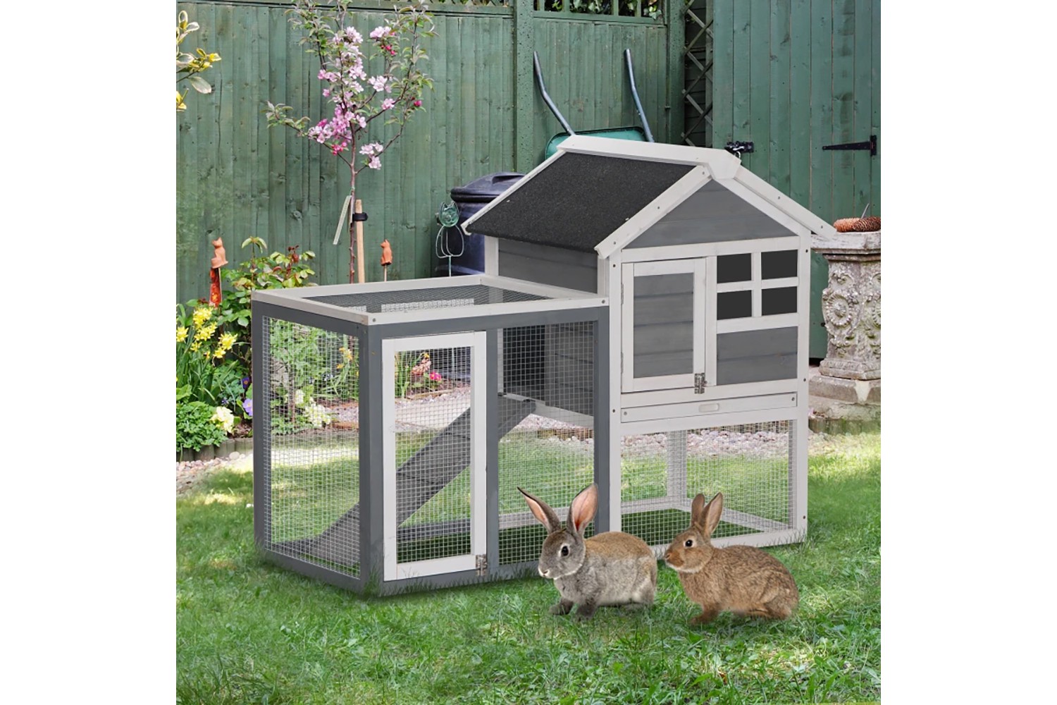 PawHut Wooden Pig & Bunny Cage | Grey/White