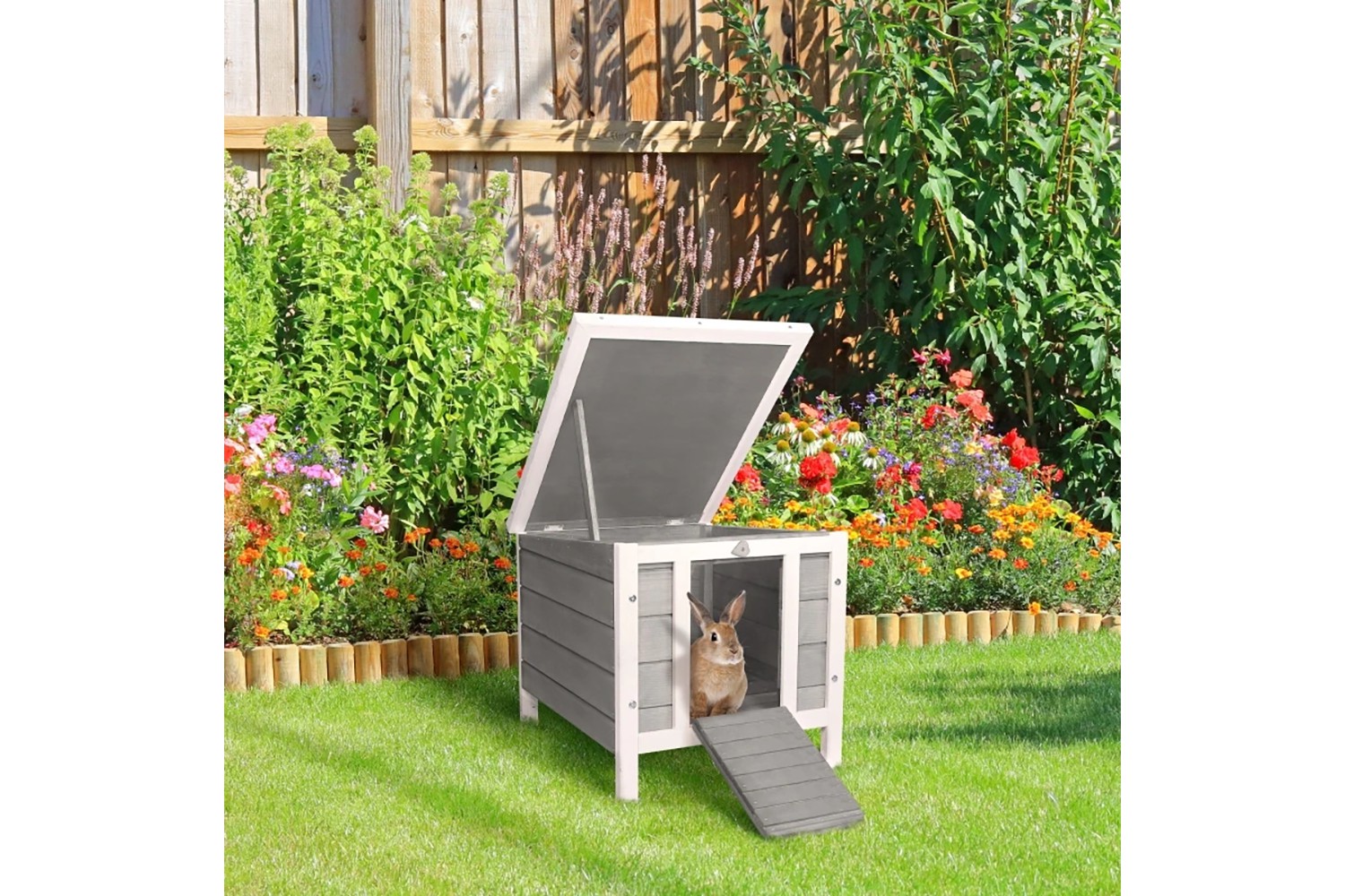 PawHut Wooden Rabbit Hutch | Grey