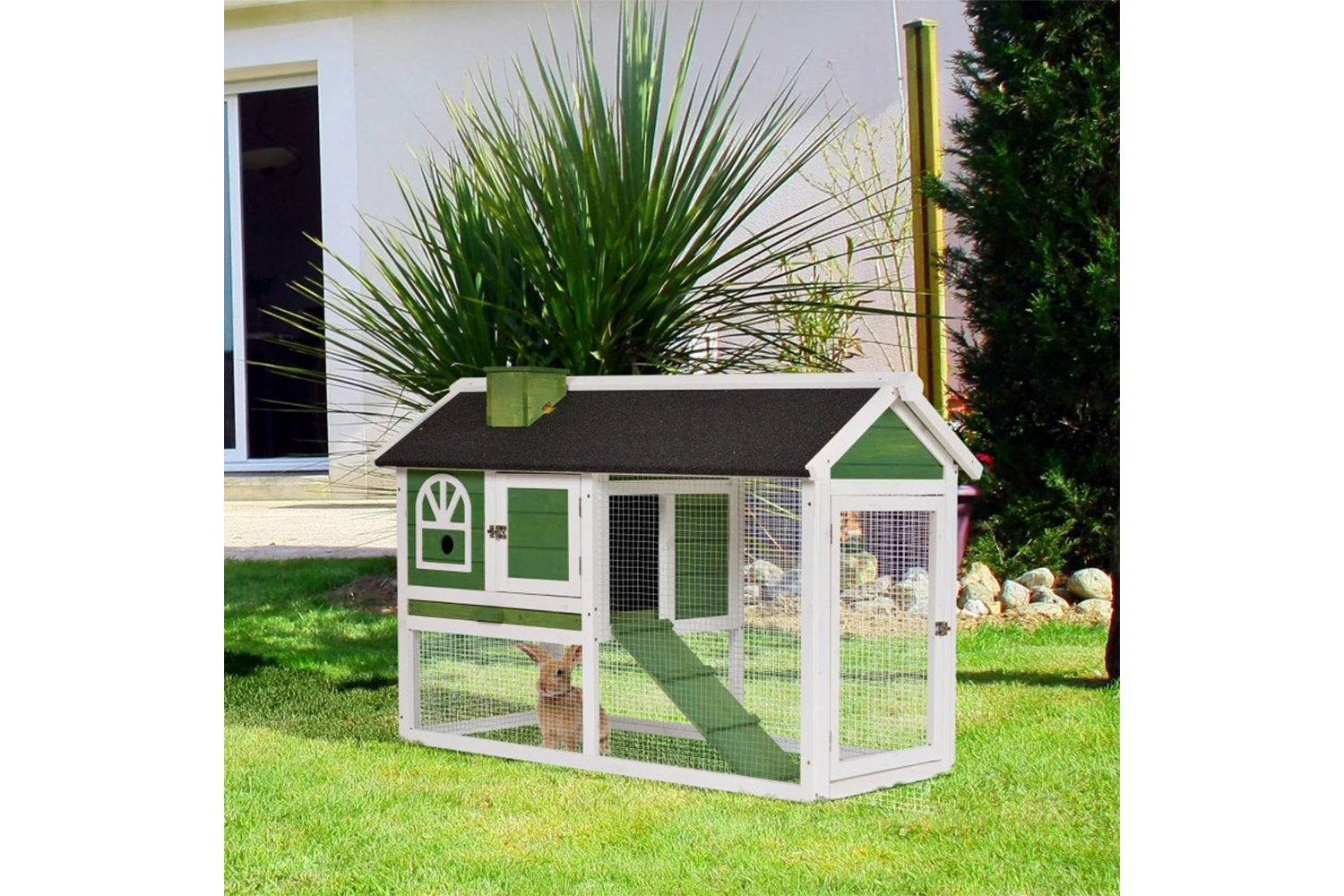 PawHut Wooden Rabbit Hutch | Green/White