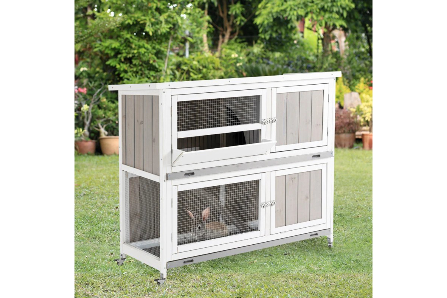 PawHut Two-Tier Rabbit Hutch | Multicolour