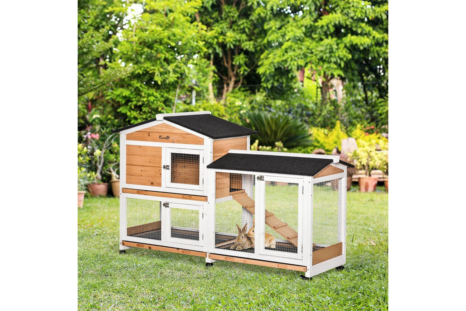 PawHut Two-Tier Rabbit Hutch with Wheels | Multicolour