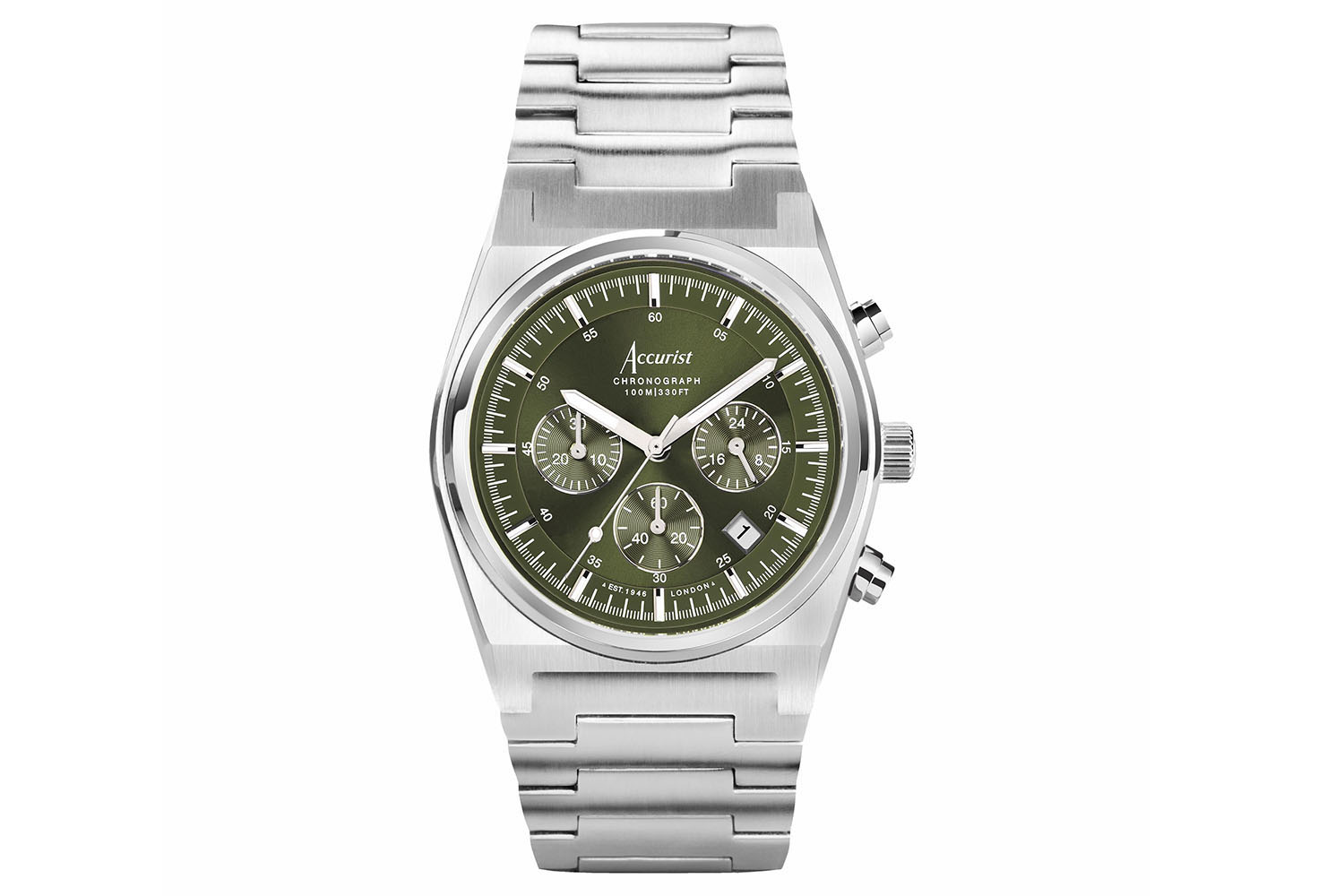 Accurist Origin Men's Chronograph Watch | Silver Case & Stainless Steel Bracelet with Moss Green Dial | 41mm