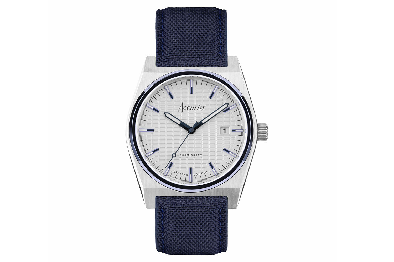 Accurist Origin Men's Watch | Silver Case & Blue Canvas Strap with White Dial | 41mm