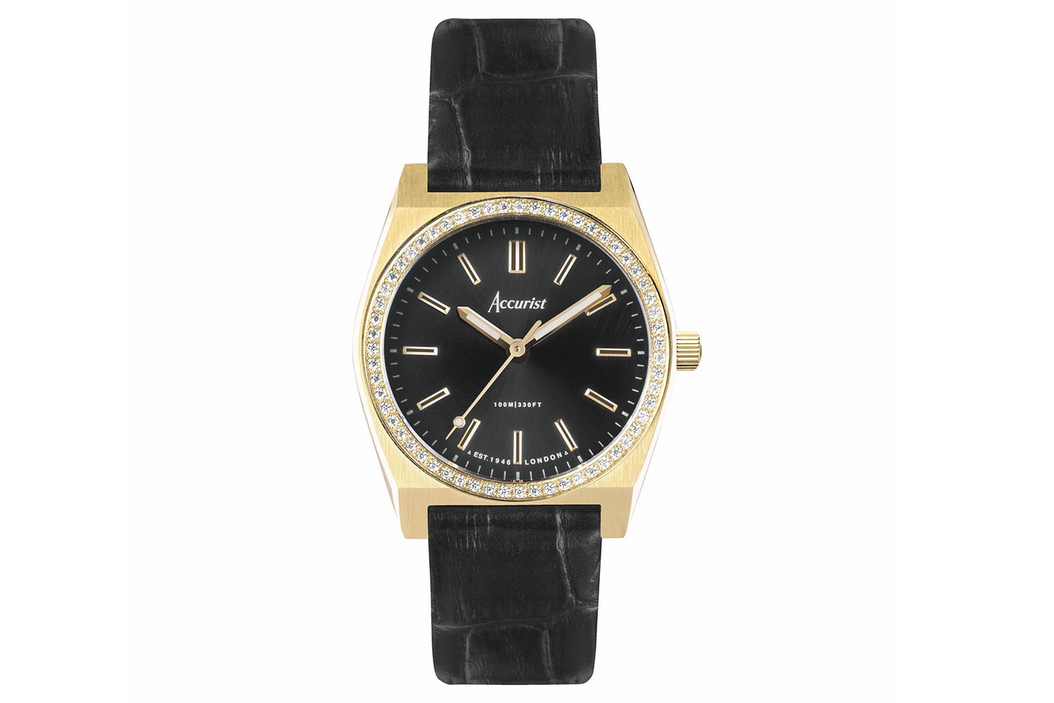Accurist Origin Ladies Watch | Silver Case & Black Leather Strap with Black Dial | 34mm