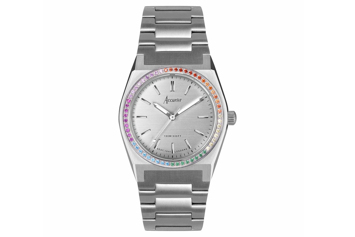 Accurist Origin Ladies Watch | Rainbow Stone Set Case & Stainless Steel Bracelet with Silver Dial | 34mm