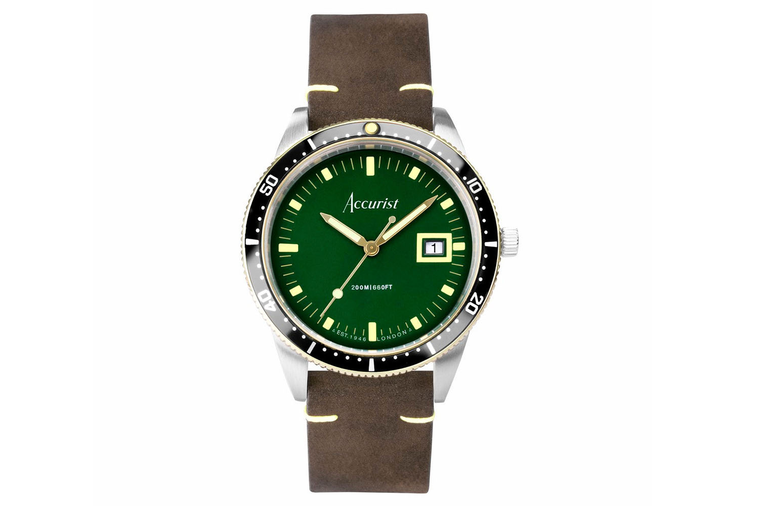 Accurist Dive Men's Watch | Two Tone Case & Brown Leather Strap with Samphire Green Dial | 42mm