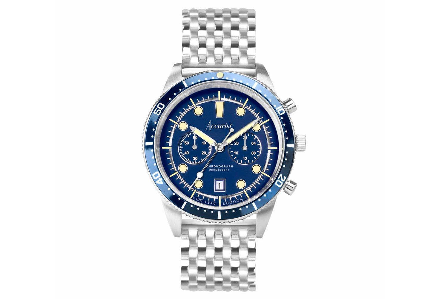 Accurist Dive Men's Chronograph Watch | Silver Case & Stainless Steel Bracelet with Windermere Blue Dial | 42mm