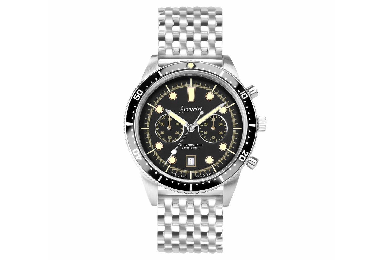 Accurist Dive Men's Chronograph Watch | Silver Case & Stainless Steel Bracelet with Black Dial | 42mm