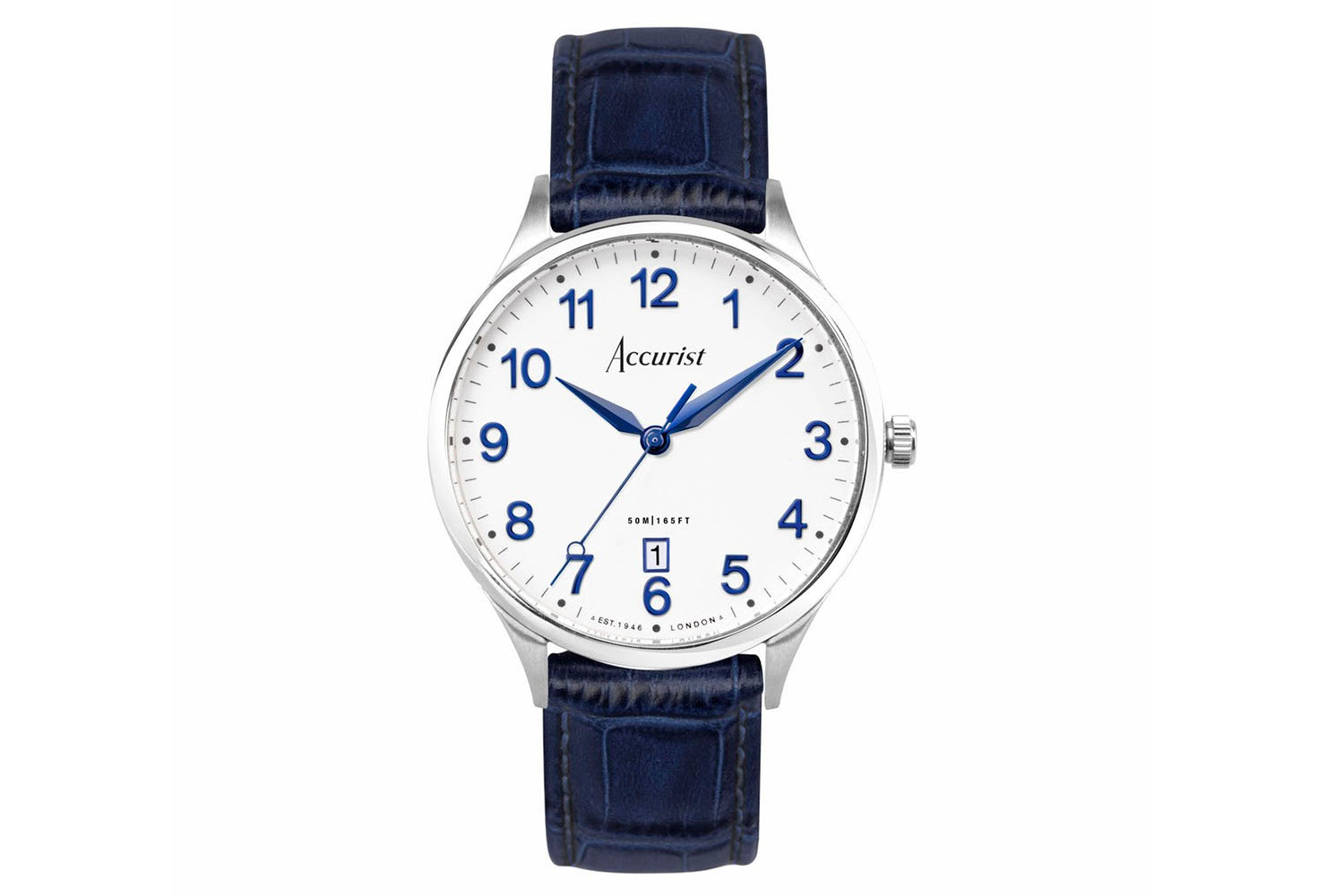 Accurist Classic Men's Watch | Silver Case & Blue Leather Strap with White Dial | 37mm