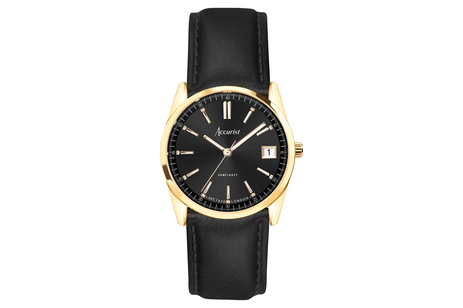 Accurist Everyday Ladies Watch | Gold Case & Black Leather Strap with Black Dial | 30mm