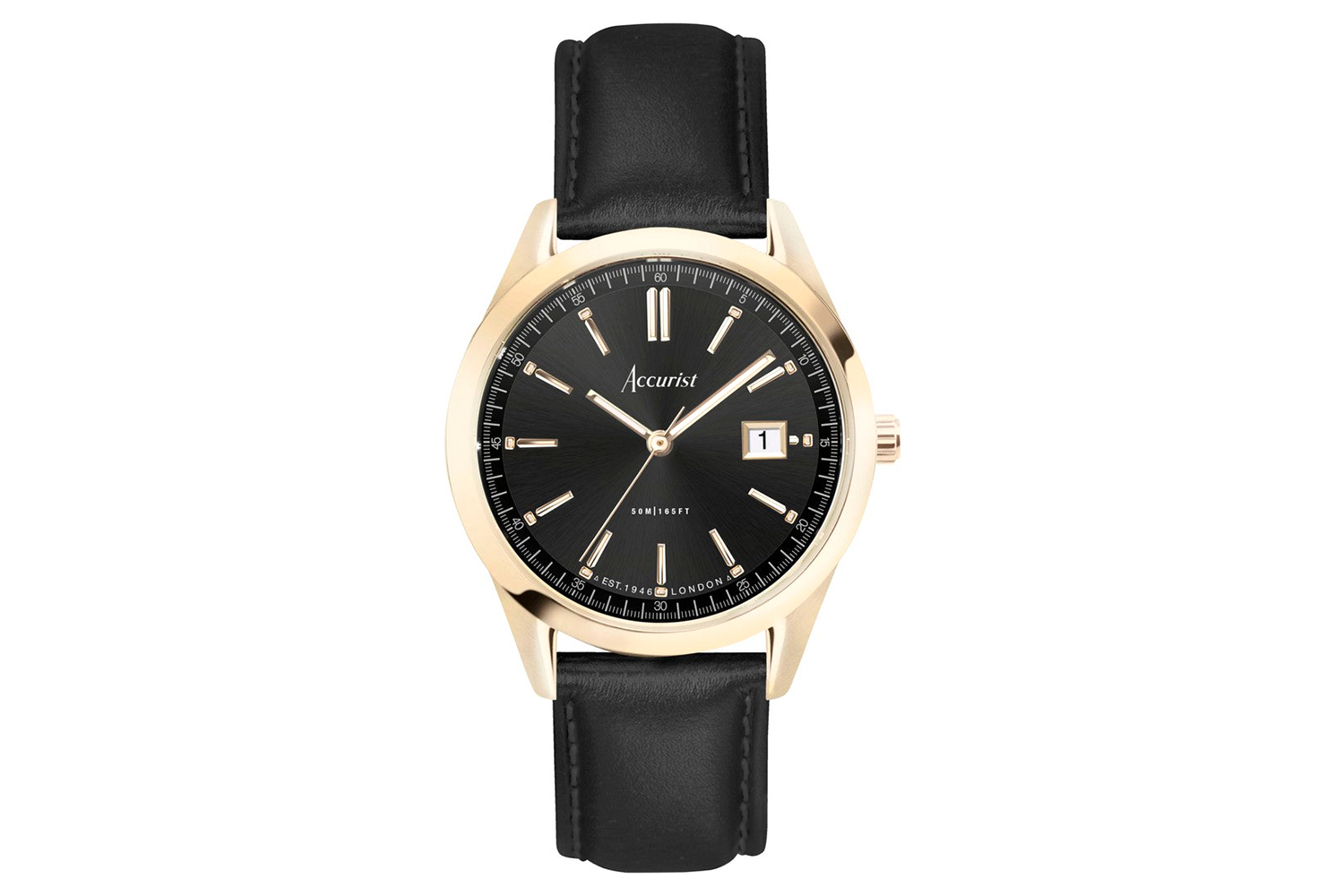 Accurist Everyday Men's Watch | Gold Case & Black Leather Strap with Black Dial | 40mm