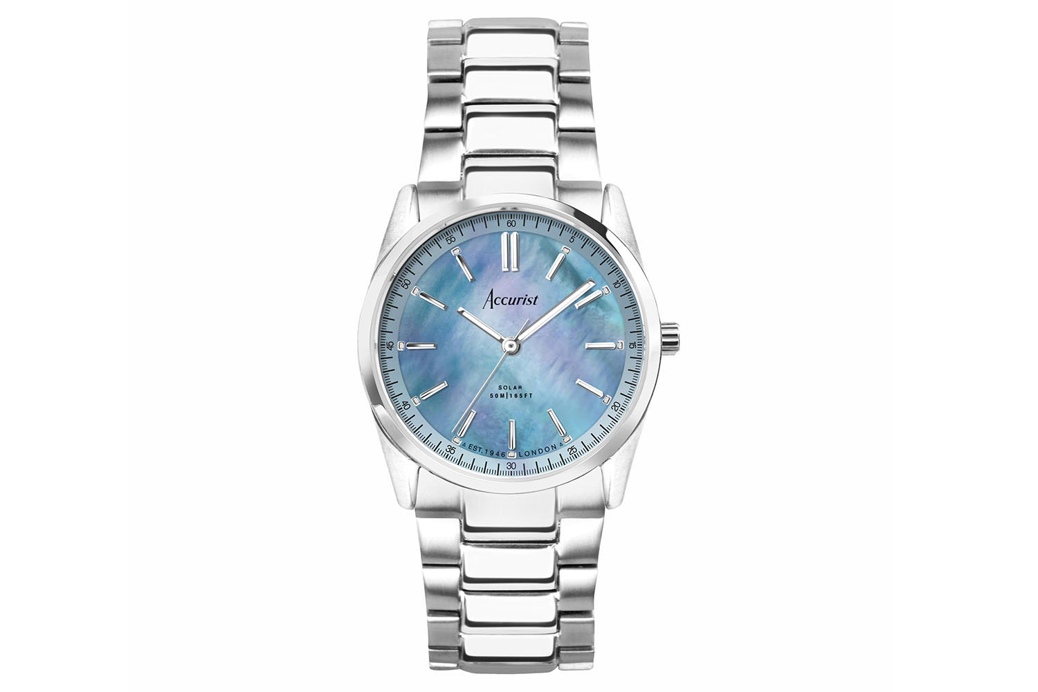 Accurist Everyday Solar Ladies Watch | Silver Stainless Steel Case & Bracelet with Blue Mother-of-Pearl Dial | 30mm