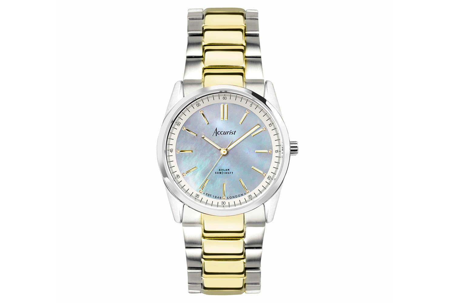 Accurist Everyday Solar Ladies Watch | Silver Stainless Steel Case & Two Tone Bracelet with Blue Mother-of-Pearl Dial | 30mm