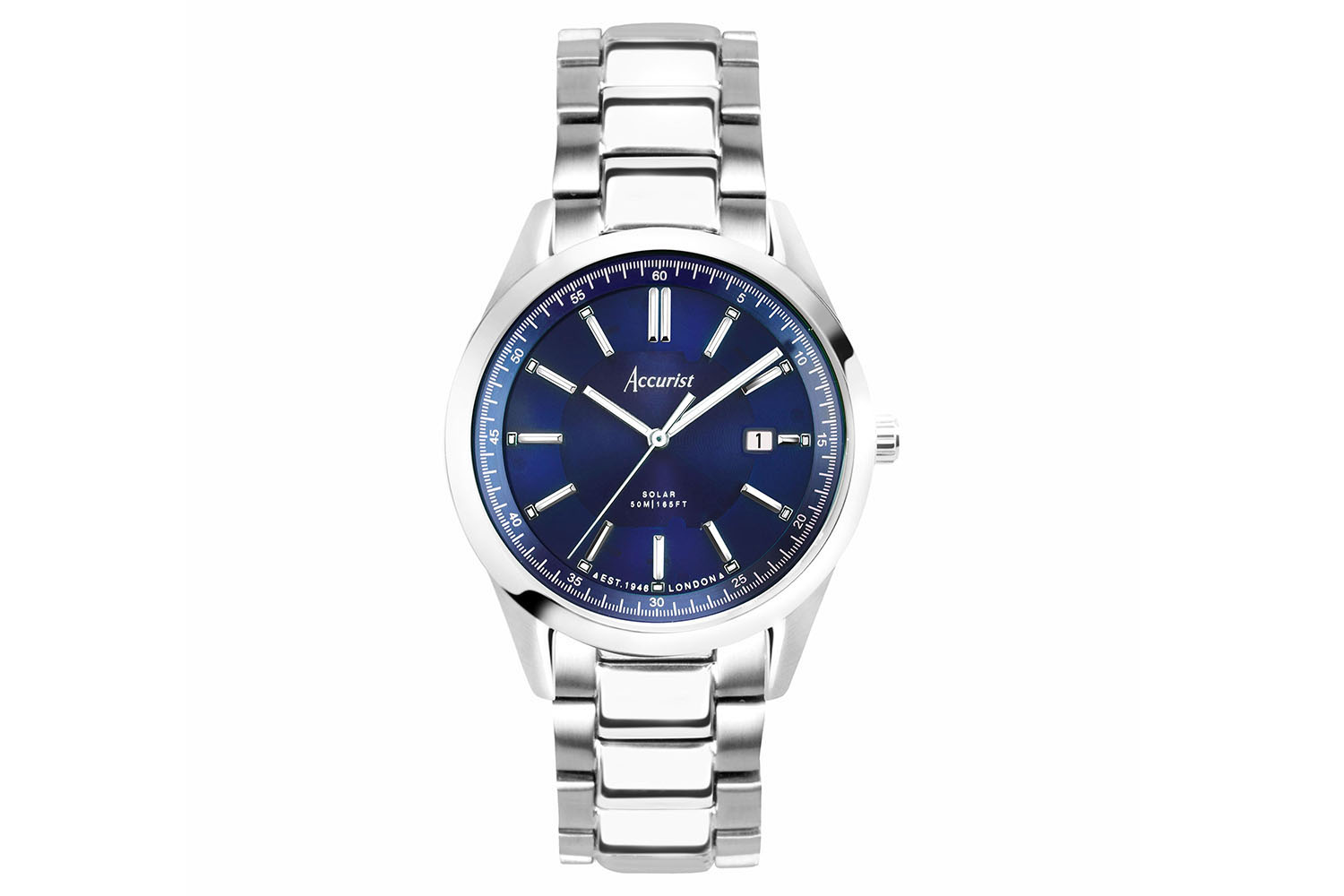 Accurist Everyday Solar Men's Watch | Silver Stainless Steel Case & Bracelet with Blue Dial | 40mm