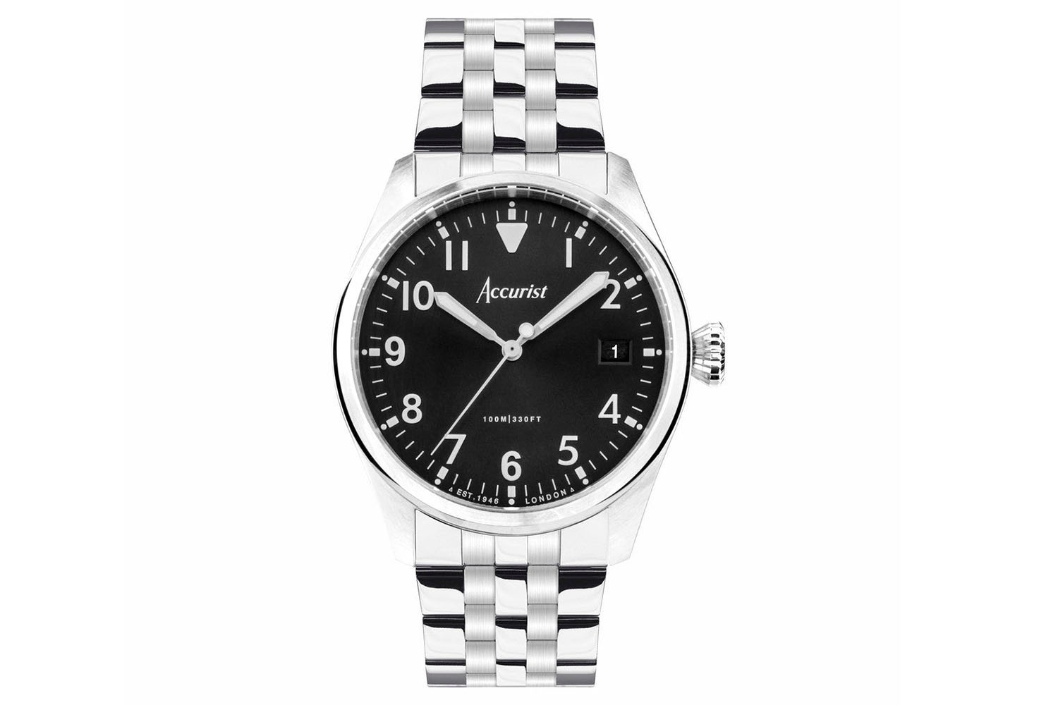 Accurist Aviation Men's Watch | Silver Case & Stainless Steel Bracelet with Black Dial | 41mm