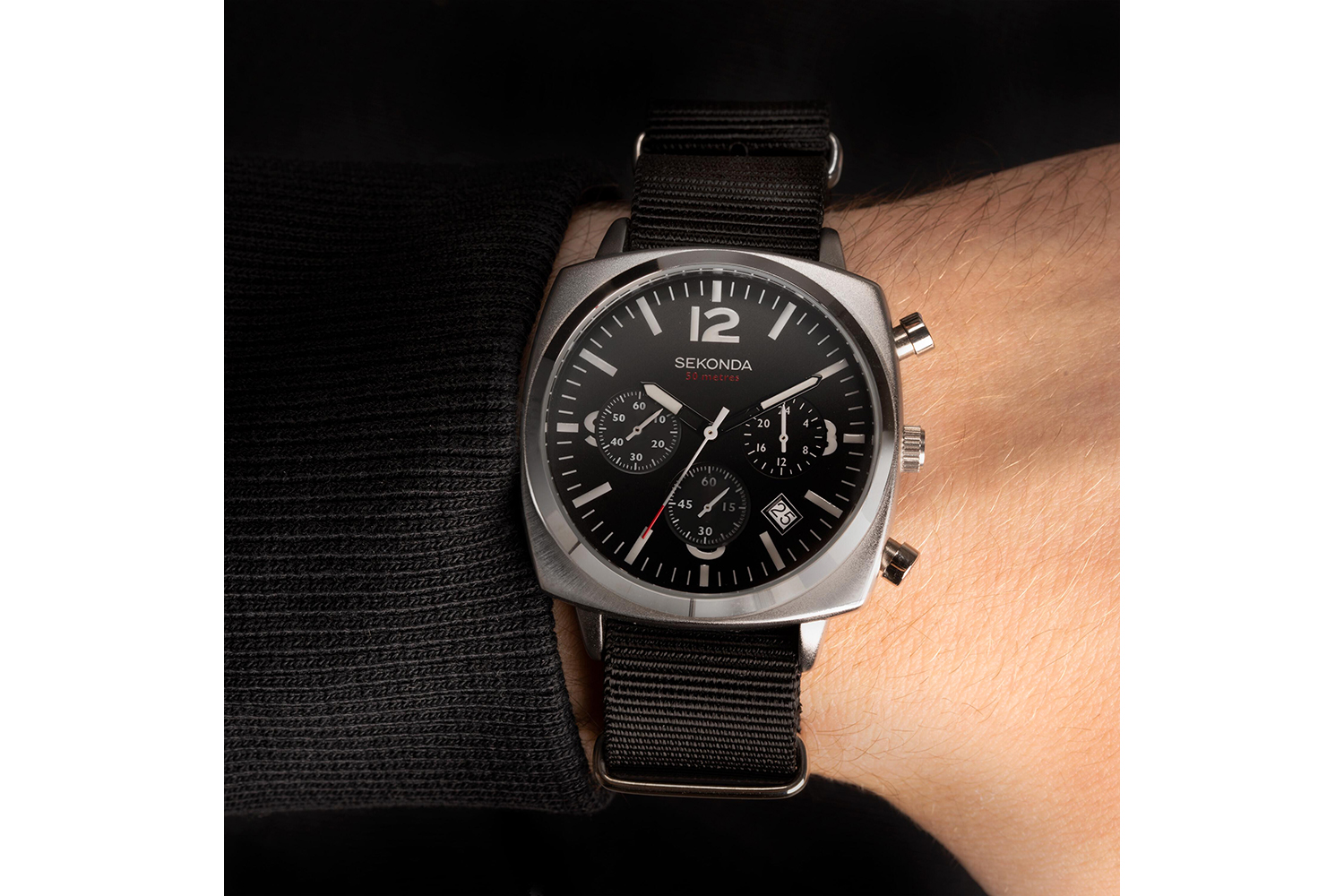 Sekonda Airborne Chronograph Men's Watch With Silver Case, Black Canvas Strap And Black Dial  Authentic, Durable And Stylish Timepiece