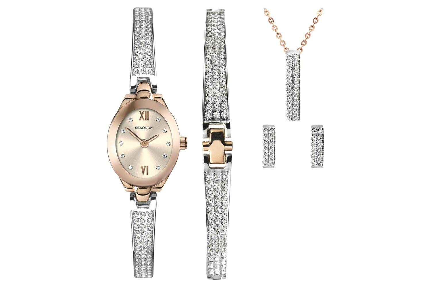 Sekonda Ladies Bracelet Watch Crystal Rose Gift Set Rose Gold