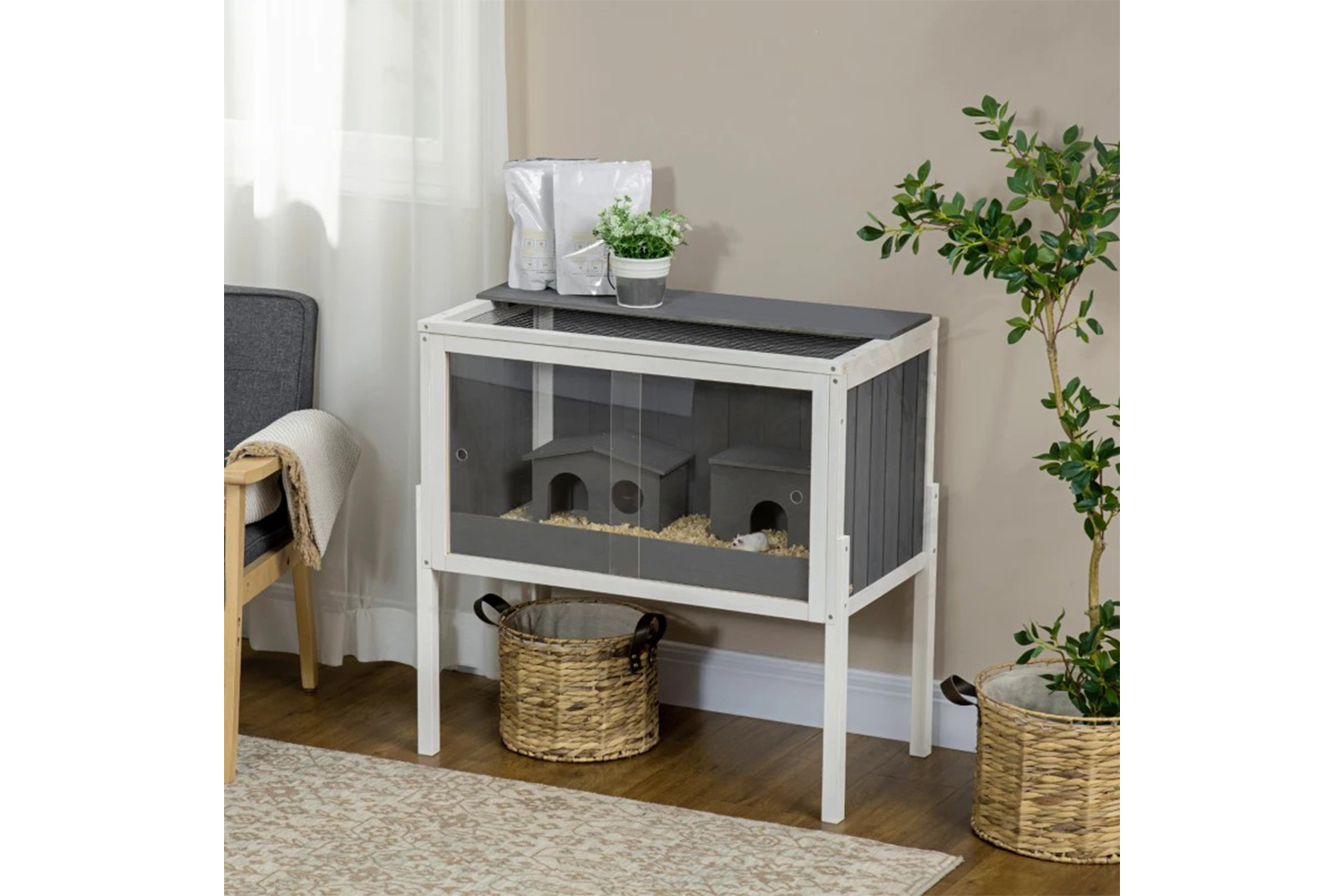 PawHut Wooden Hamster Cage | Dark Grey/White