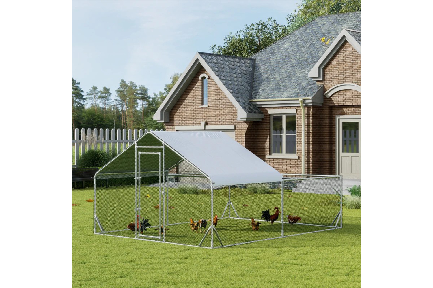 PawHut Walk-in Hen House | Silver Tone/Grey
