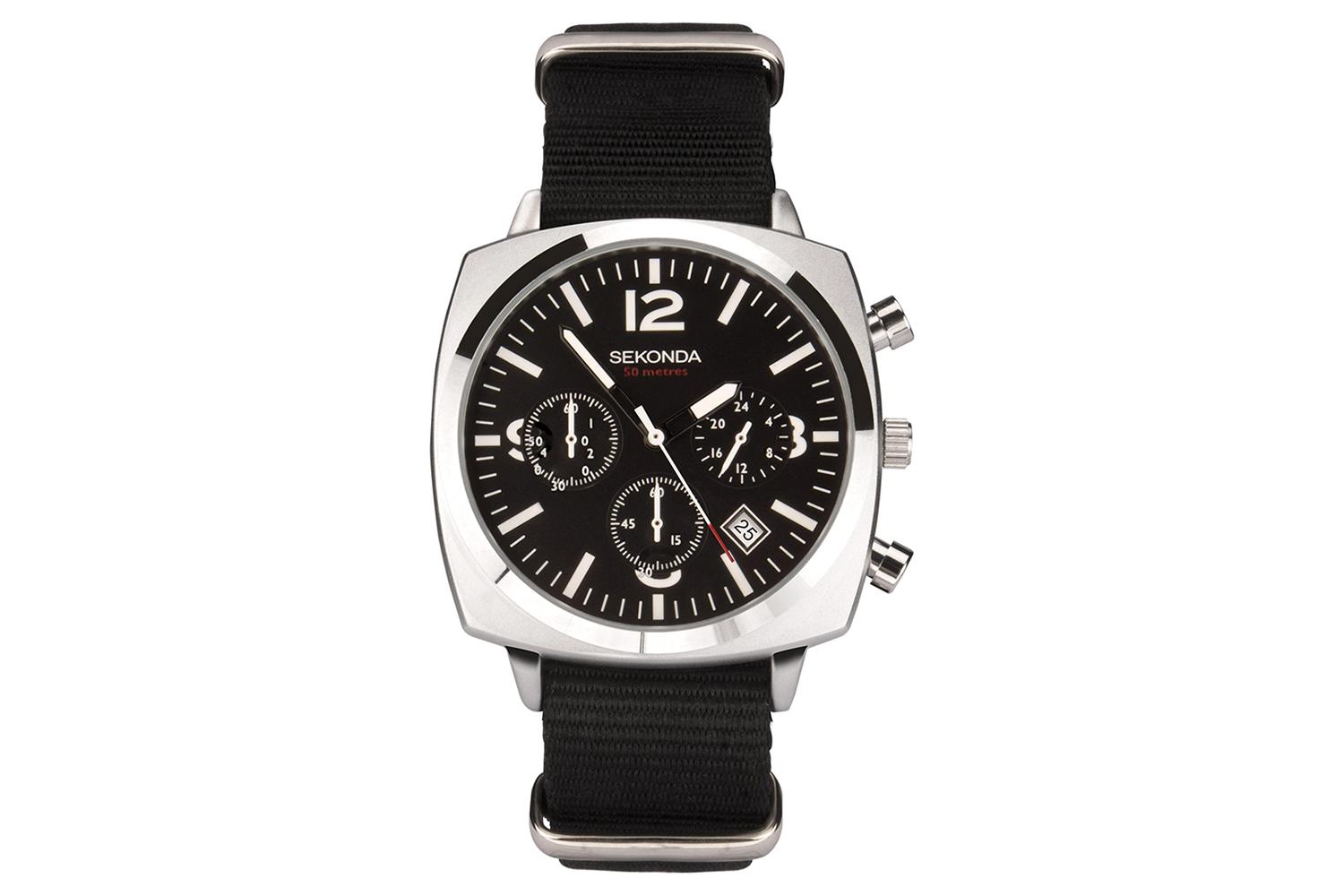 Sekonda Airborne Chronograph Men's Watch With Silver Case, Black Canvas Strap And Black Dial  Authentic, Durable And Stylish Timepiece