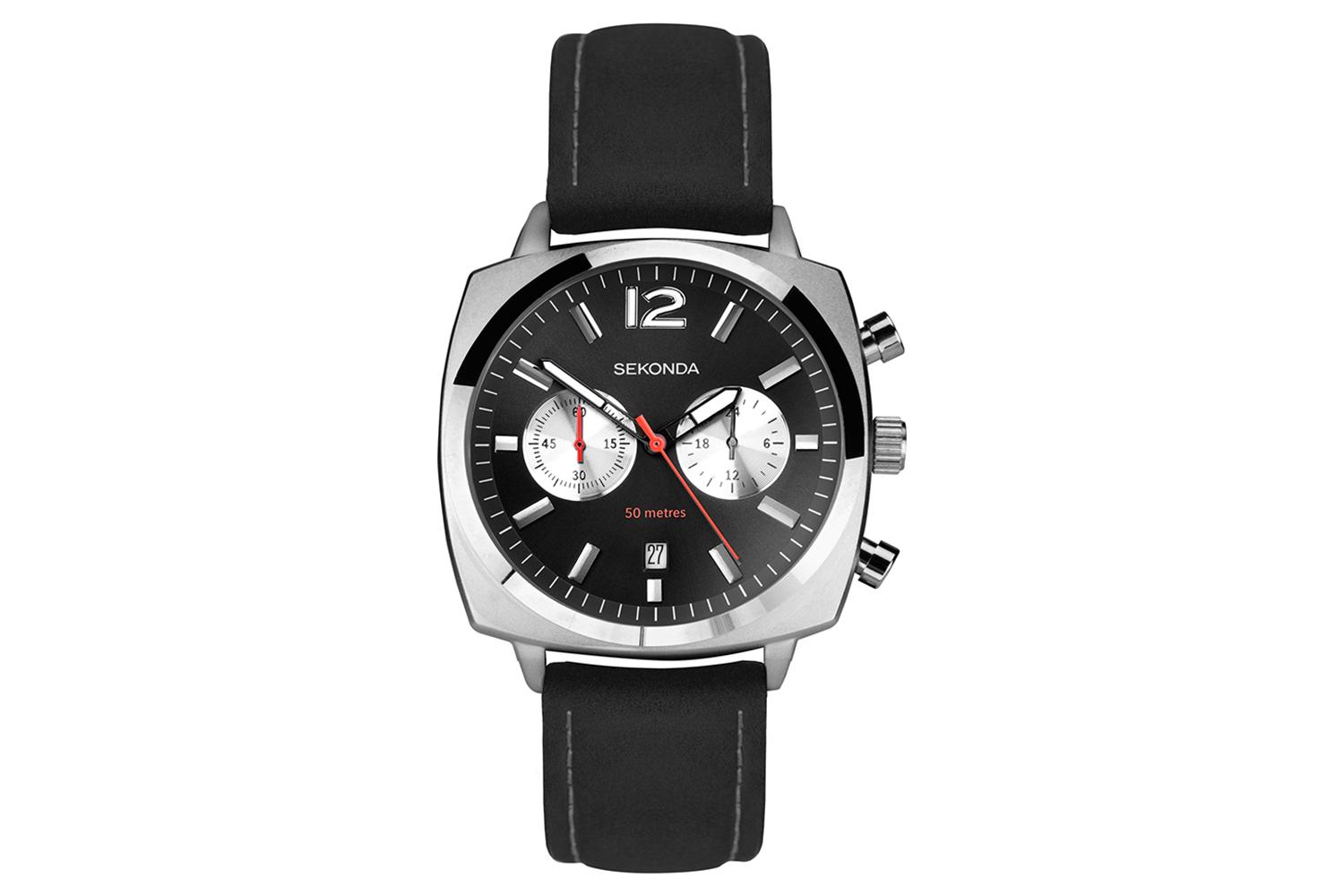Sekonda Airborne Men's Stylish Chronograph Watch With Silver Case, Black Leather Strap & Black Dial - Perfect Timepiece For Fashion Lovers