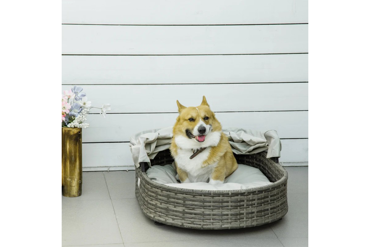 PawHut Wicker Pet Bed with Cushion | Grey