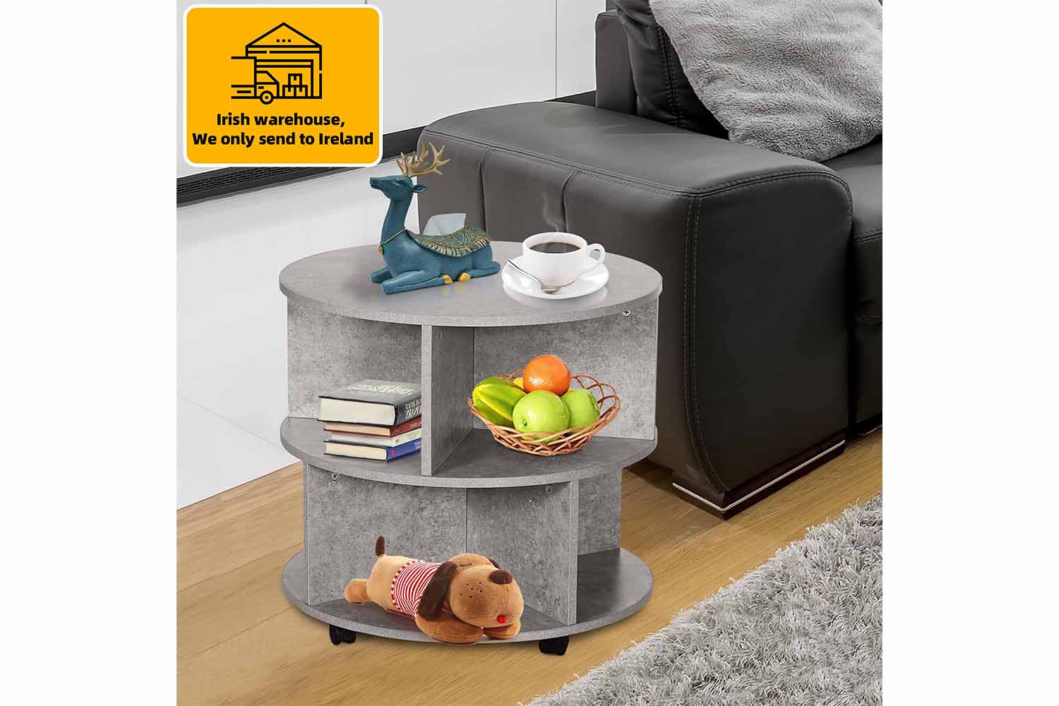 Homcom 2-Tier Round Coffee Table with Wheels & Storage | Cement