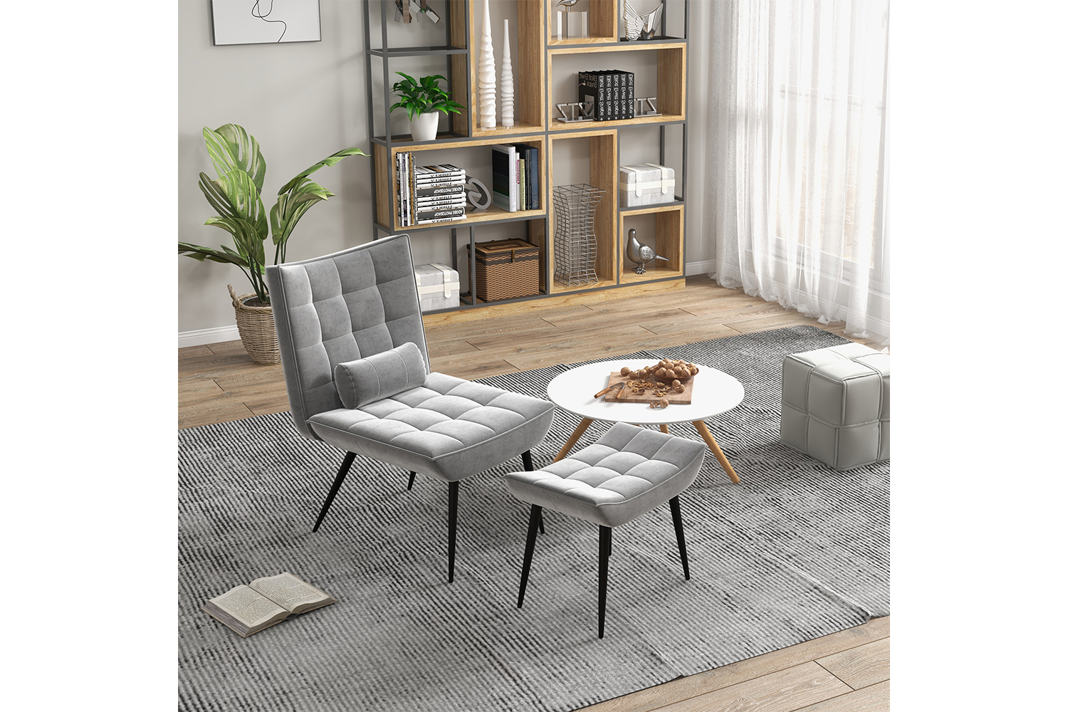 Homcom Armless Lounge Chair with Pillow | Footstool | Grey