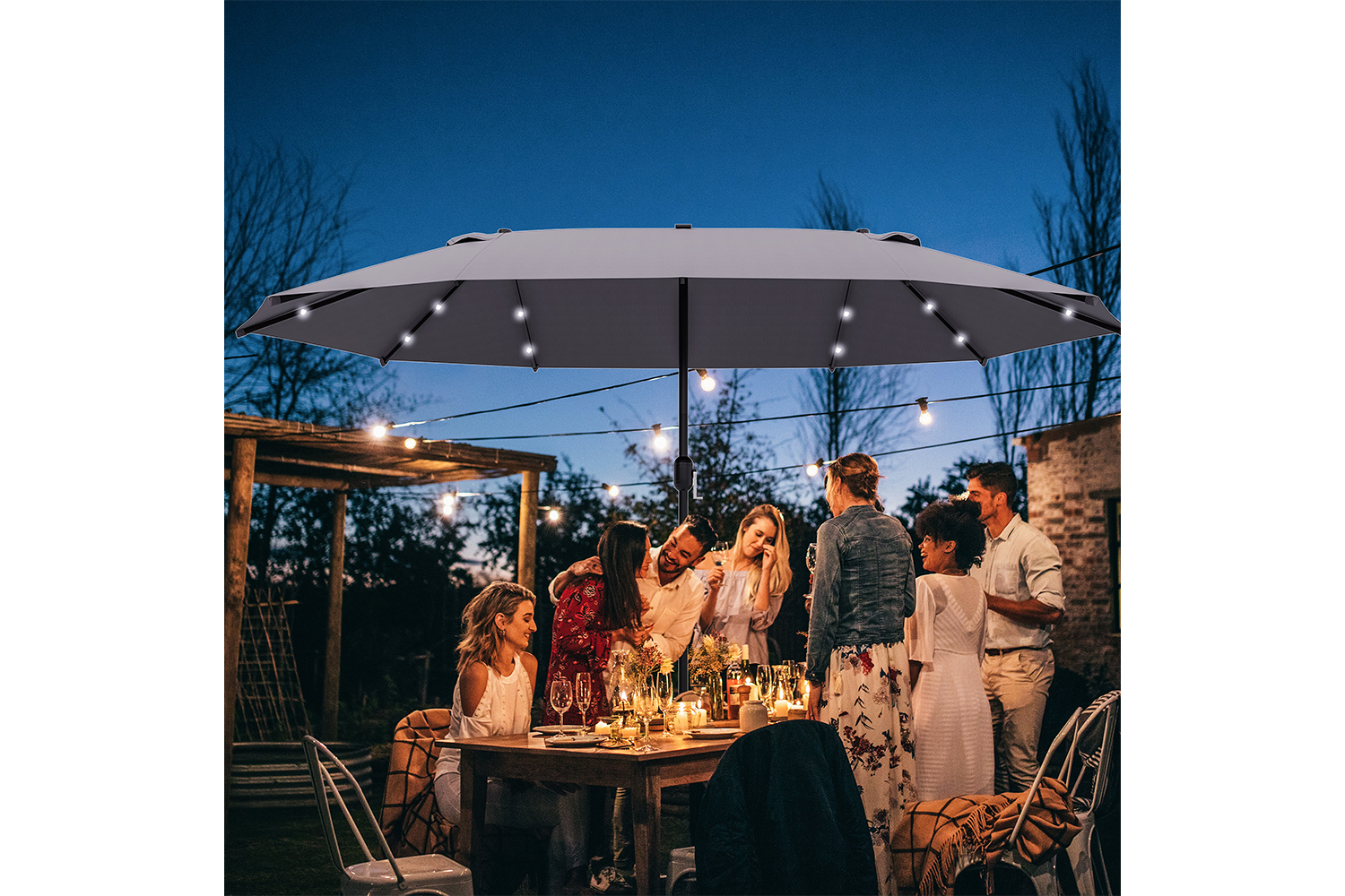 Outsunny Double-Sided Umbrella with LED Solar Lights | Dark Grey