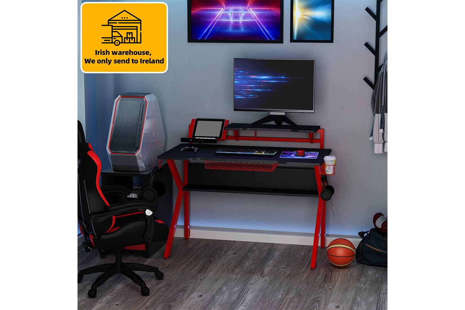 Homcom Small Gaming Desk with Cup Holder | Red/Black