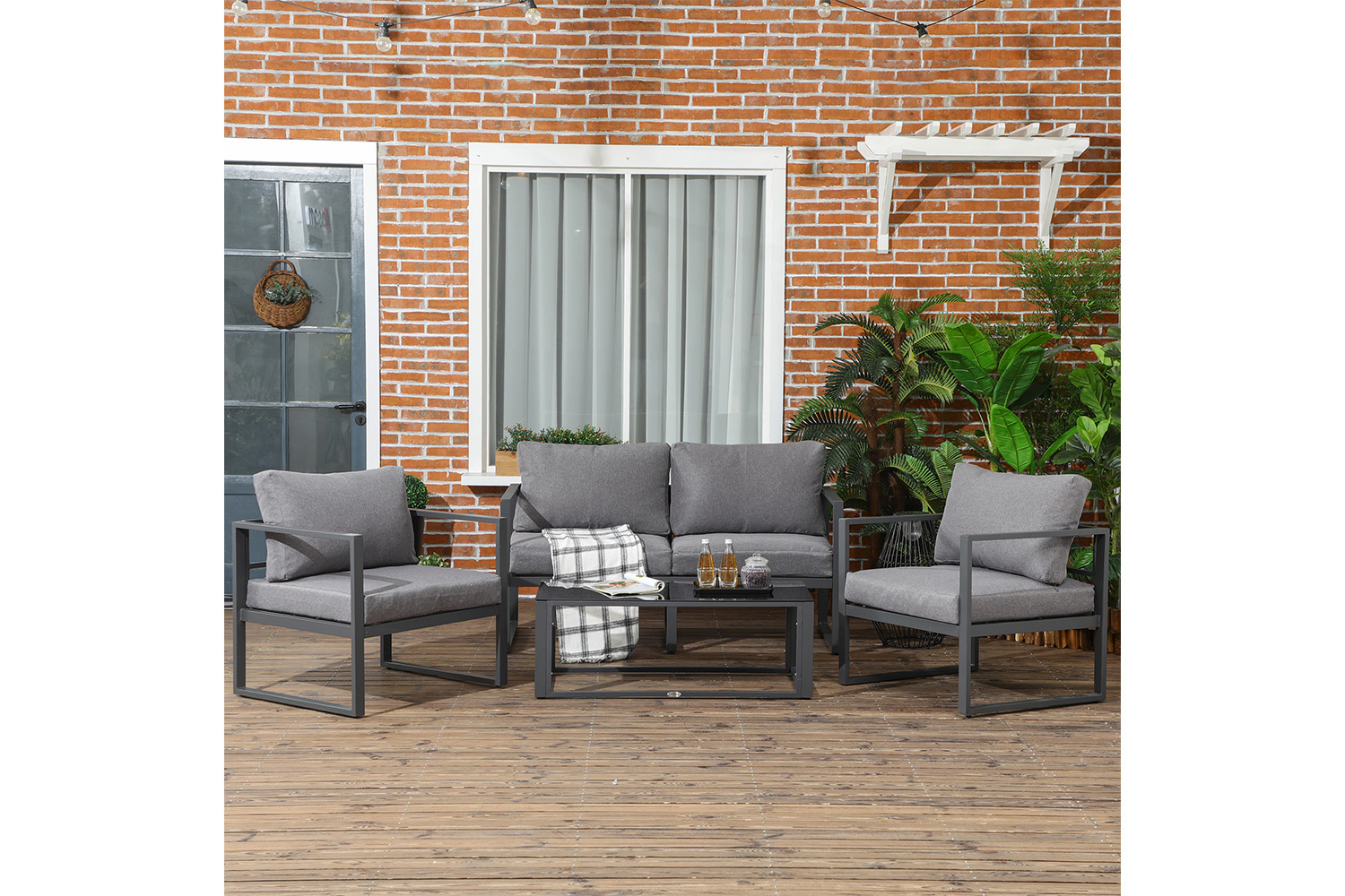 Outsunny Garden Bench & Side Table Set with Cushions | Grey | Set of 4