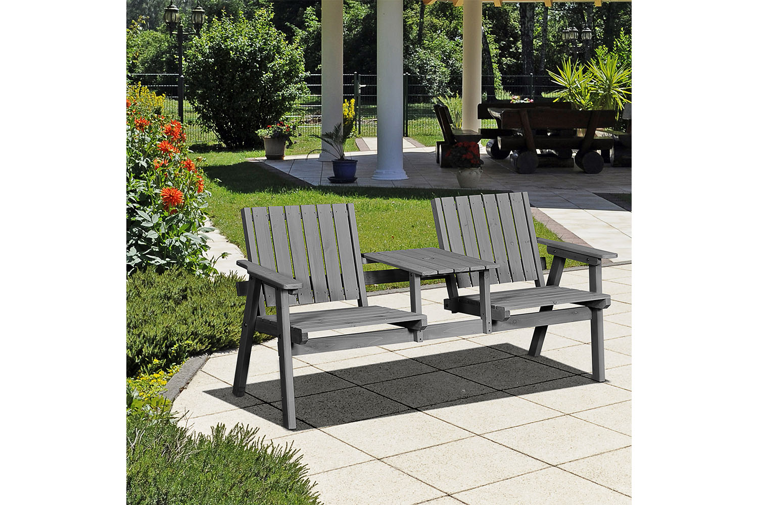 Outsunny Outdoor Garden Bench Chair with Table | Grey