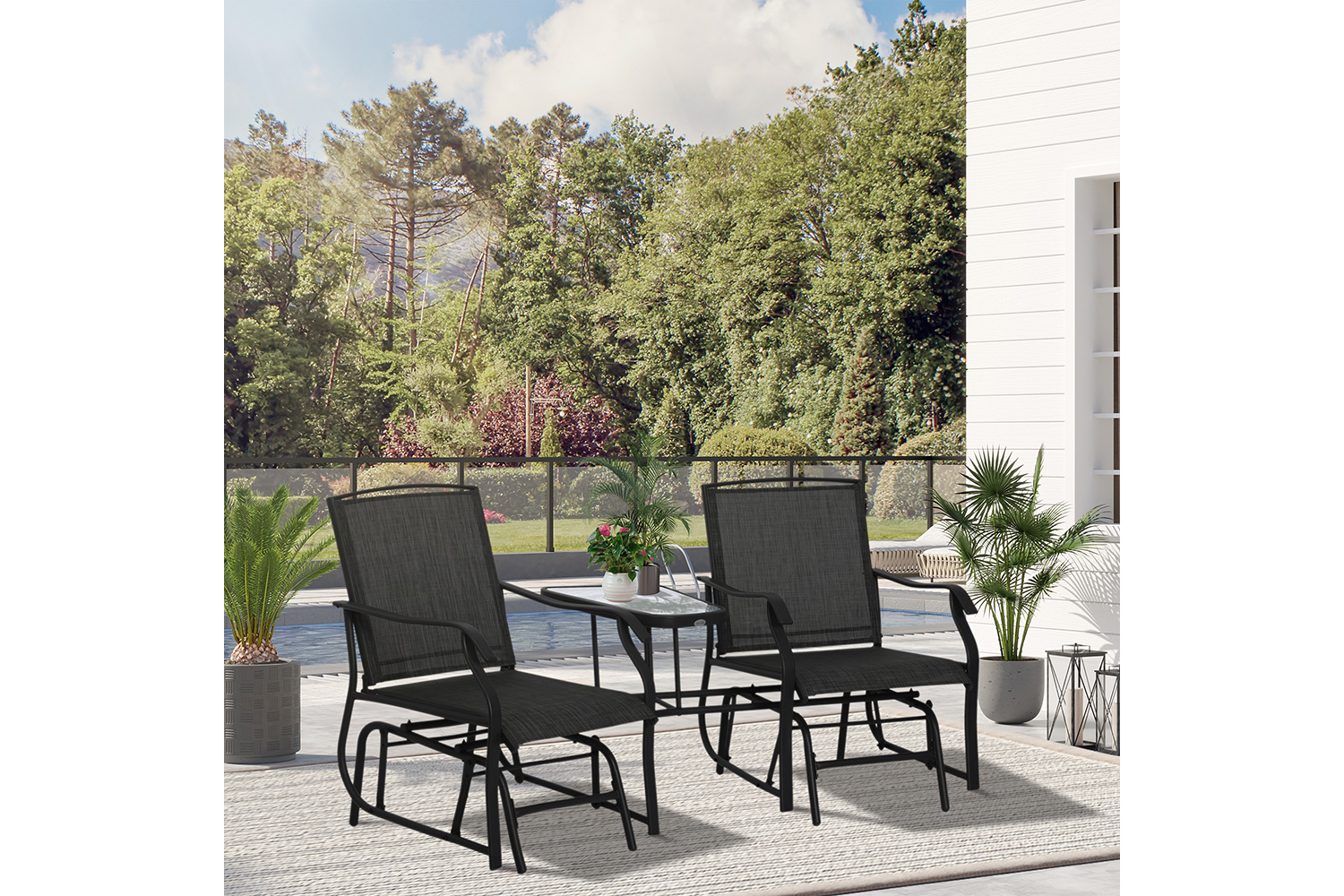 Outsunny Outdoor Glider Chair Set with Glass Top Table | Black