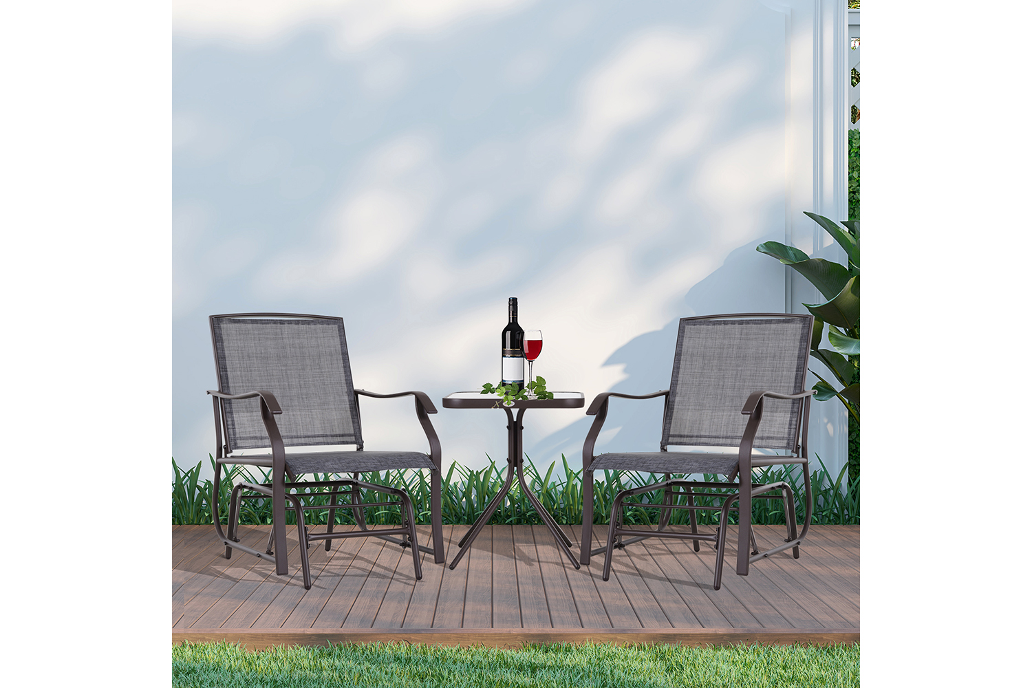 Outsunny Rocking Glider Chair Set with Glass Top Table | Brown/Grey