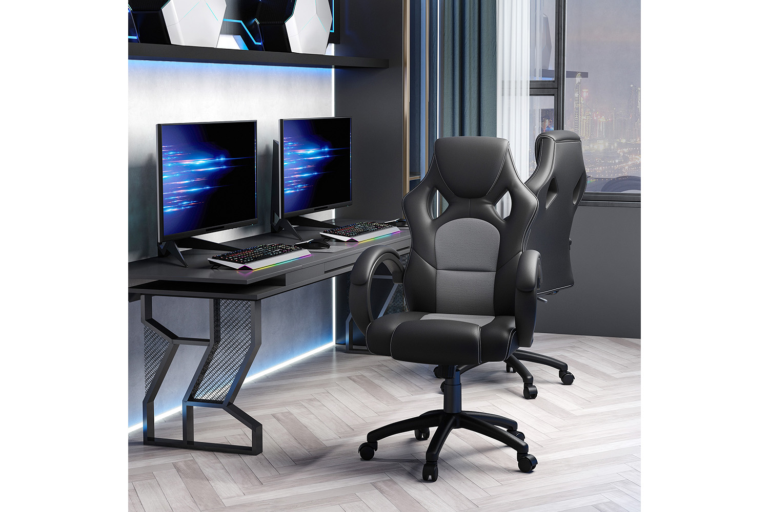 Homcom 360° Swivel Office Chair with Head Support | Black/Grey