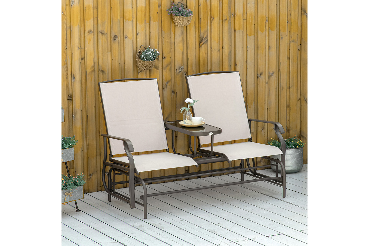 Outsunny 2 Seater Glider Rocking Chair | Brown/Khaki