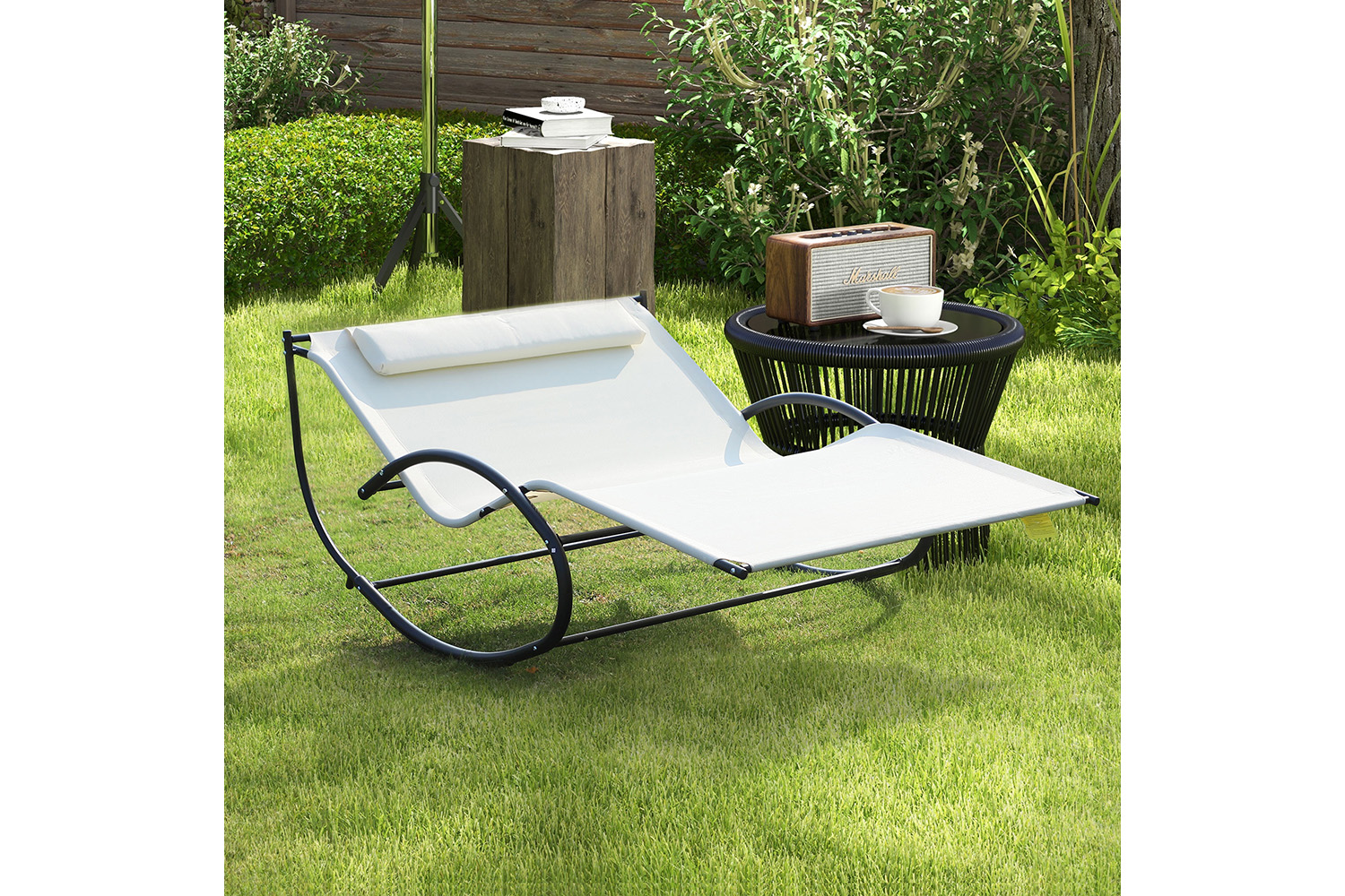 Outsunny Texteline Double Lounger with Pillow | Cream