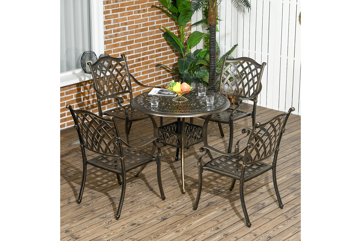 Outsunny Garden Dining Table Set with Umbrella Hole | Bronze | 5 Pieces