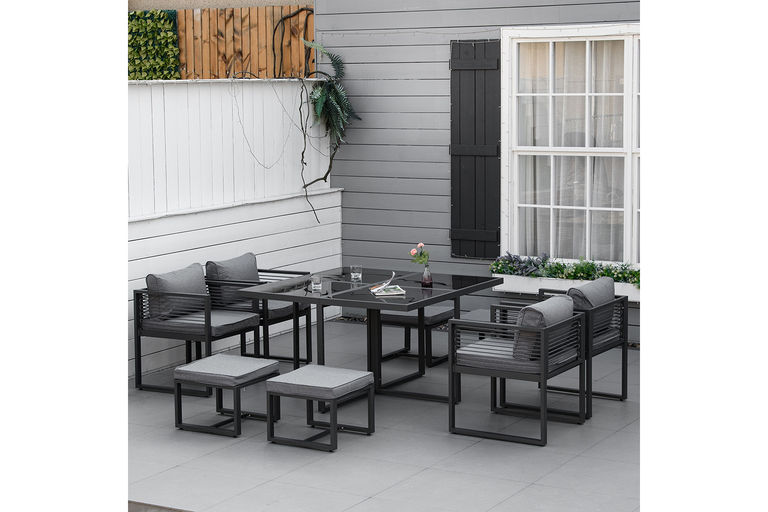 Outsunny 8-Seater Dining Cube Set with Cushion Footstool | Grey