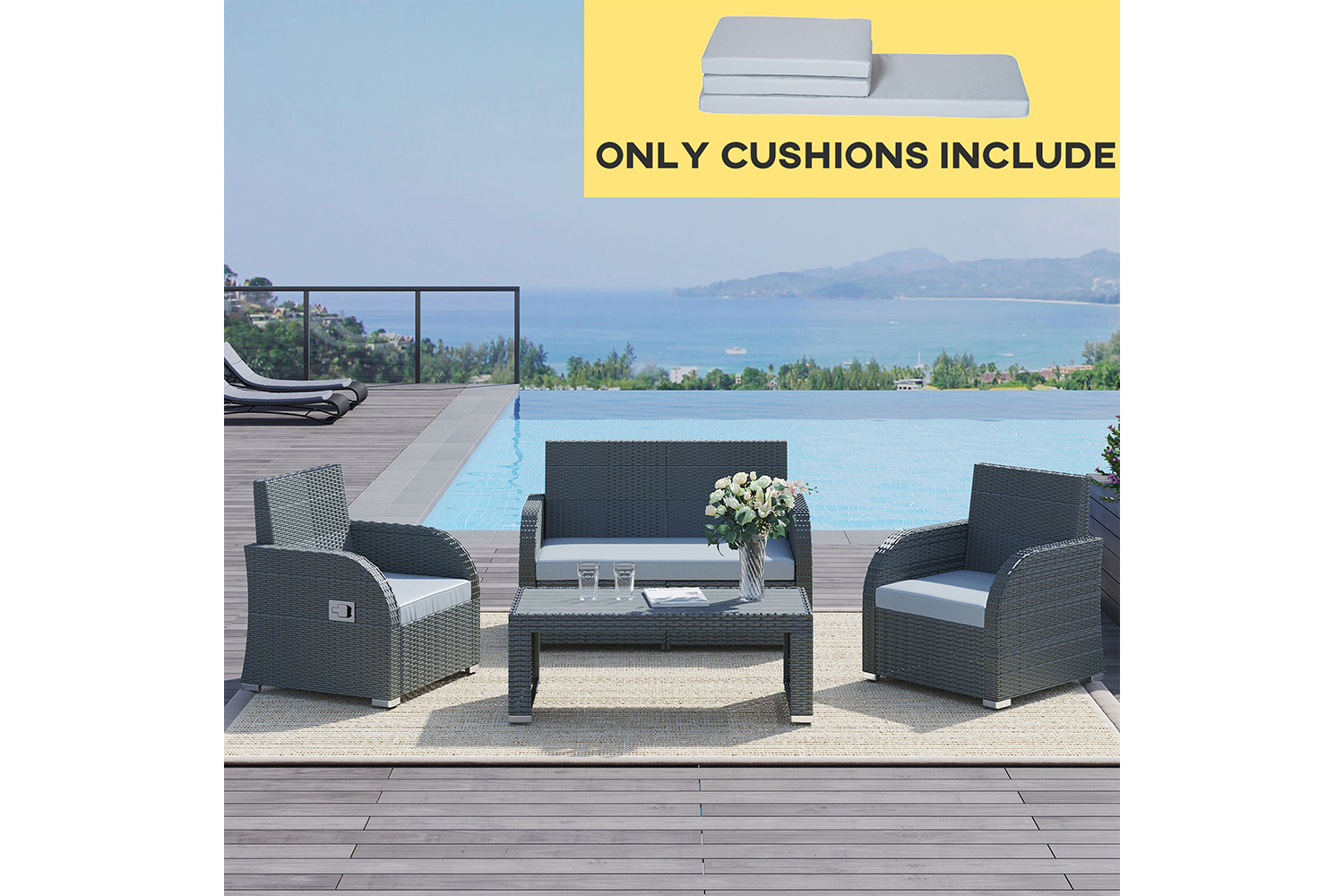 Outsunny Outdoor Seat Cushion Pads for Rattan Furniture | Grey | 3 Pieces