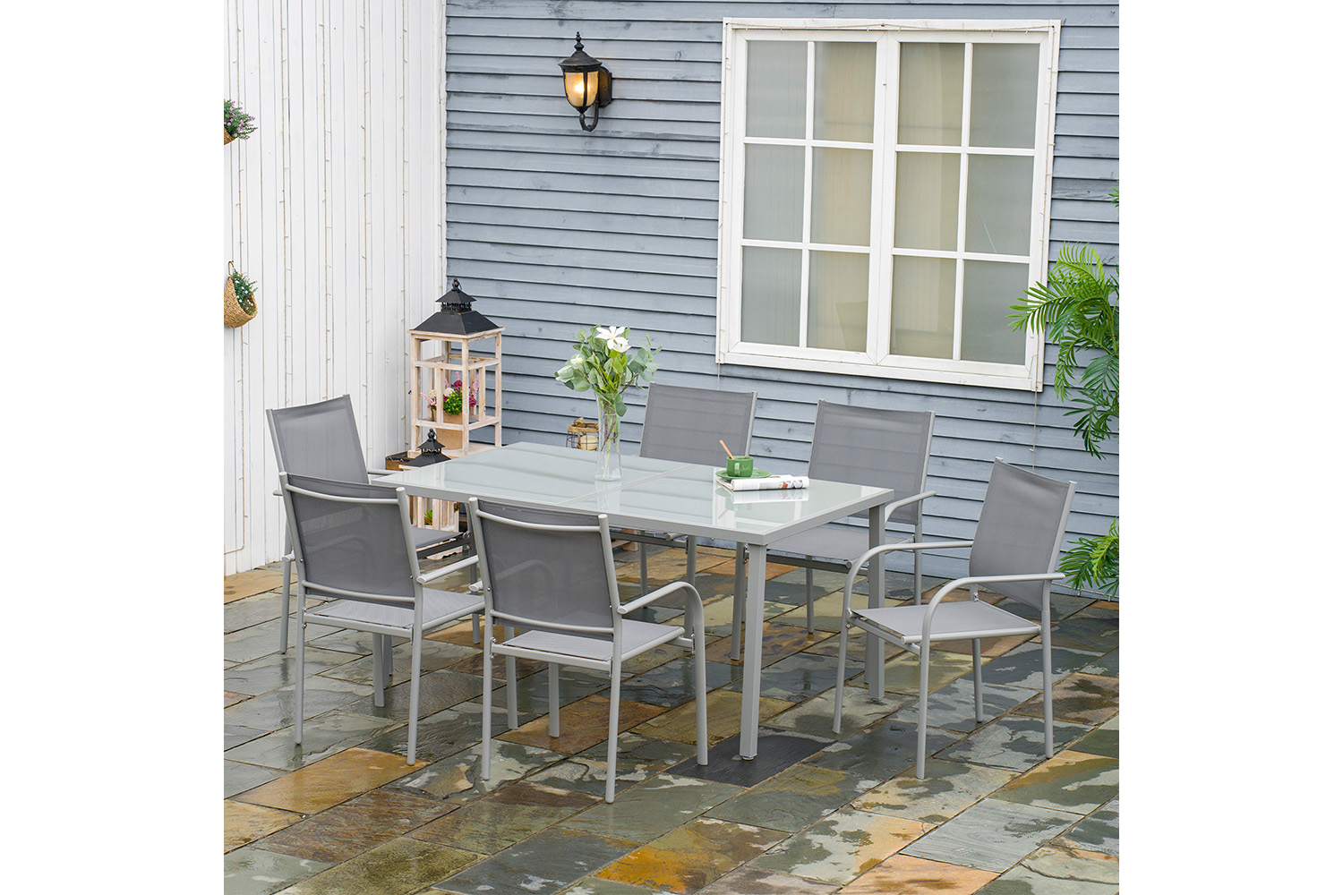 Outsunny 6 Stackable Chairs Dining Table Set | 7 Pieces